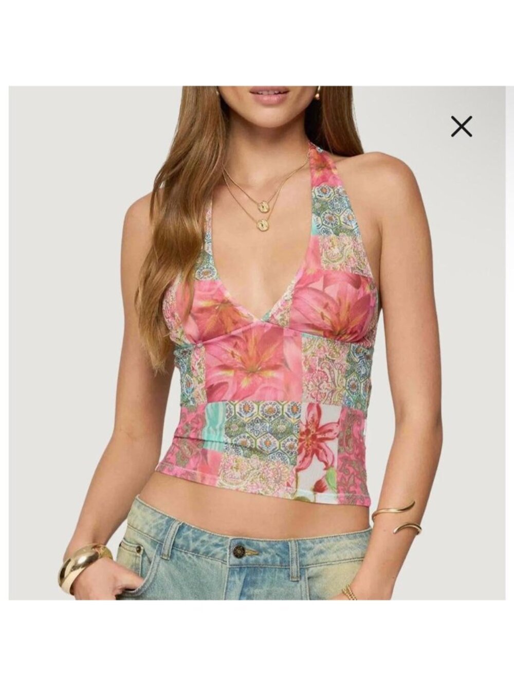 EDIKTED Catie Patchwork Mesh Halter TopNWTSize...